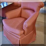 F11. Pink armchair with custom upholstery. 34”h x 35”w x 36”d 